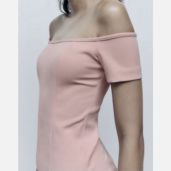 Zara Squared Neck Off the Shoulder Midi Dress in Dusty/Pale Pink Size medium - Picture 3 of 13